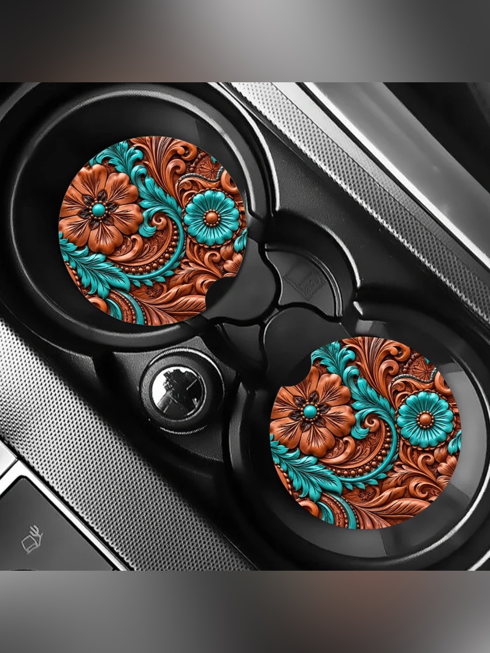 Turquoise Flowers Western Car Coasters Absorbent Set of (2)